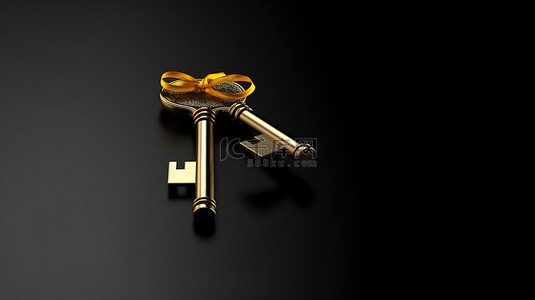 时尚黑色金属背景 3D 渲染上呈现的金钥匙礼物