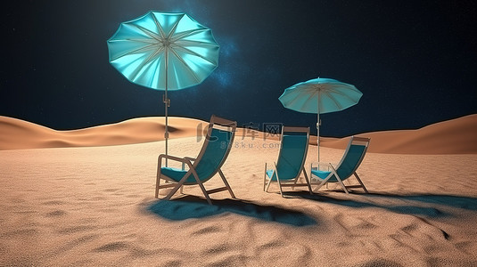 3D 渲染的外太空景观中的沙滩椅和雨伞