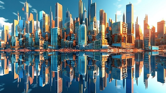 未来派大都市 3D 渲染天际线与技术摩天大楼