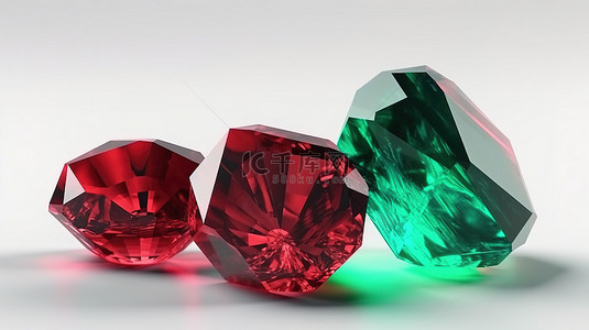 3d 中的翡翠红水晶在白色背景上呈现出天然神秘的宝石块