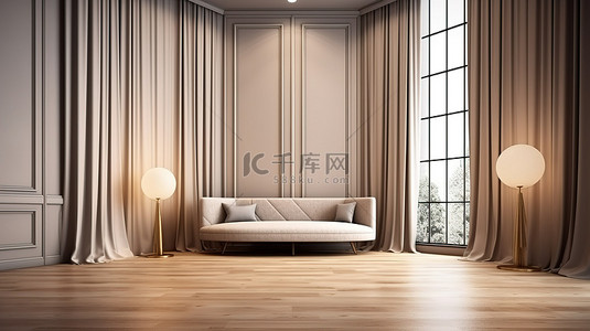 木地板客厅背景图片_时尚别致的现代墙板突出了空荡荡的房间与木地板 3D 渲染