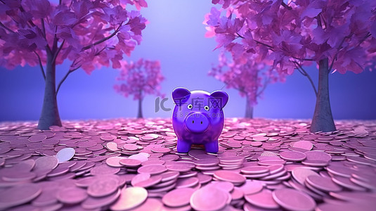 带有生长树和紫色美元硬币的商业存钱罐，用于 3d 投资和市场增长