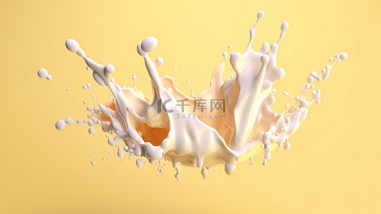 柔和的彩色 3D 渲染奶油牛奶飞溅隔离在白色