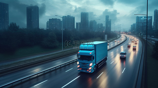 高速公路上移动货车的城市景观 3D 渲染