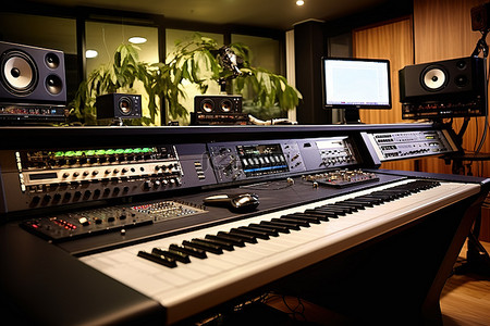 音乐设备背景图片_录音室配有音乐设备和键盘