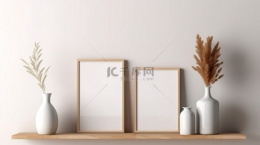 海报空白背景背景图片_带 3D 渲染的家居室内背景上的简约特写模拟框架