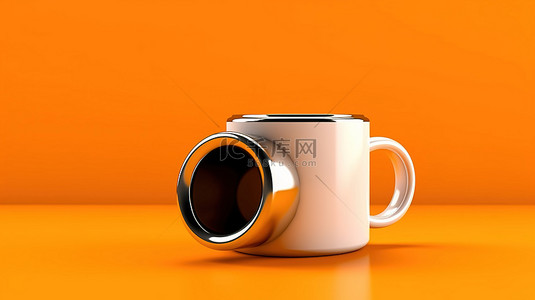 茶壶卡通背景图片_带有单色锡杯的橙色背景的 3D 渲染