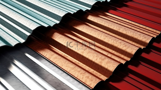 金属板背景图片_由铝波纹铁制成的仓库堆叠金属屋顶板的 3D 插图