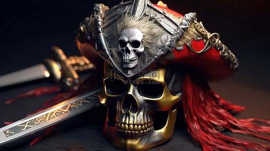 剑背景图片_以西塔帽剑和头骨为特色的海盗主题加密货币的 3D 渲染