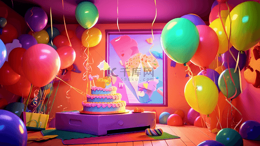 生日蛋糕卡通背景图片_气球彩带蛋糕卡通插画背景