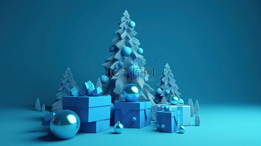 在 3d 渲染中具有蓝色背景的节日圣诞节场景