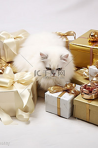 小白猫躺在一堆包装好的礼物旁边