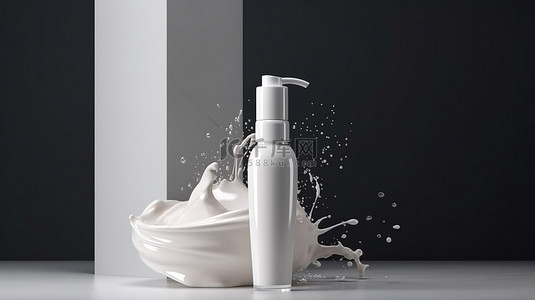 沐浴露背景图片_牛奶飞溅中的高架 3d 化妆品瓶展示护肤乳液和抽象护肤展示中的管