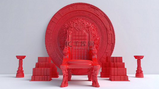 比特币围绕着红色国王宝座的 3d 渲染，在白色背景下被隔离