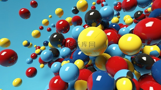 蓝色背景上五彩飞球的充满活力的 3D 渲染