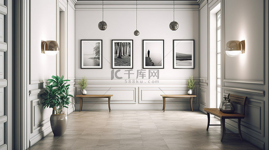 3D 渲染复古时髦走廊内部，灰色和白色作为模拟海报
