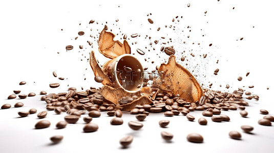 咖啡原料背景图片_咖啡豆在白色背景上爆开的 3D 渲染