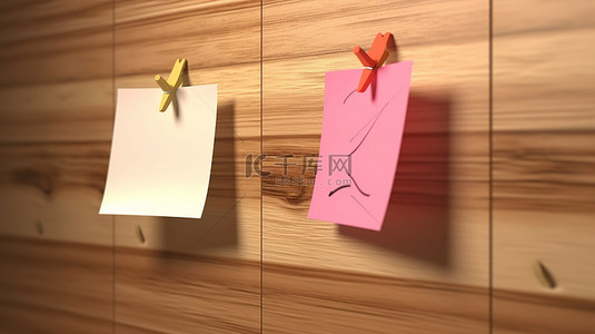 木图钉背景图片_带有推针的木制背景在 3D 渲染中附有空白便条纸