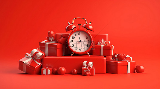 3D 渲染的红色闹钟周围充满活力的红色礼品盒展示
