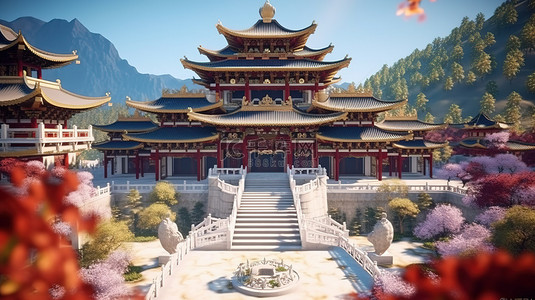 日本风光背景图片_雄伟的寺庙位于山脉中的高架平台上令人惊叹的 3D 插图