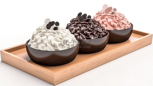 卡通风格 3D 渲染一盘巧克力 bingsu 刨冰隔离在白色背景
