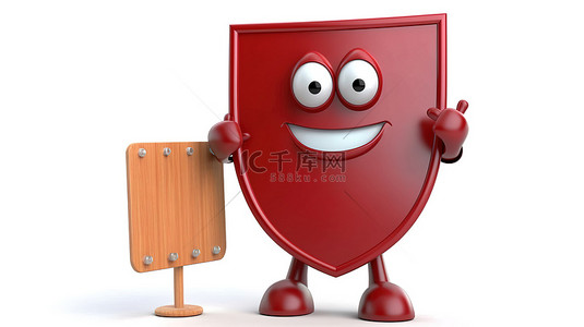 卡通木质木板背景图片_白色背景上带有空白木质菜单黑板的红色金属保护盾字符吉祥物的 3D 渲染户外展示