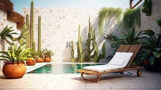 墨西哥仙人掌背景图片_现代池畔露台配有仙人掌草坪椅和墨西哥风格的瓷砖地板，周围环绕着 3D 渲染的郁郁葱葱的自然环境