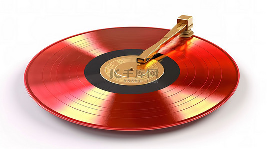 3d 渲染白色背景与金色乙烯基唱片和红色空白标签