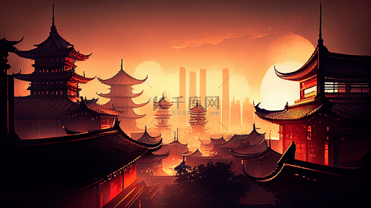 中国风古建背景图片_建筑复古夜景插画