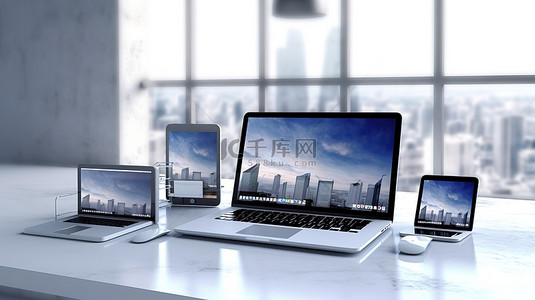 笔记本电脑屏幕背景图片_3D 插图中时尚办公桌笔记本电脑手机和平板电脑上的数字设备