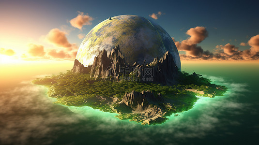一个壮观的翡翠岛漂浮在灼热的星球上，岩石在背景 3D 渲染中翱翔