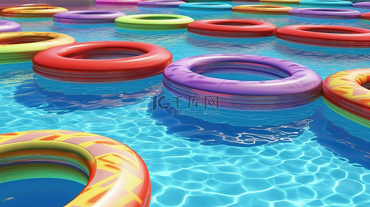水晶蓝色游泳池中彩色泳池漂浮的 3D 插图