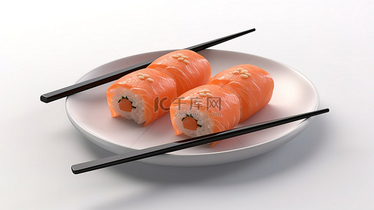 三文鱼和筷子卷在白色背景上的 3d 渲染插图中