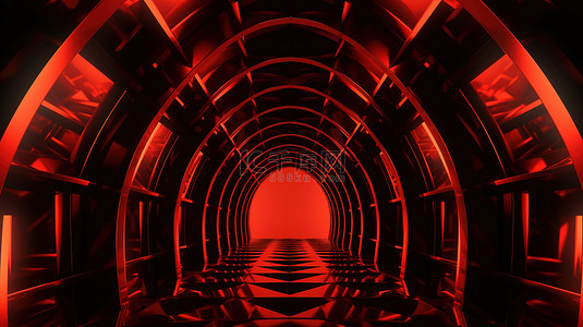 红色对称形状在黑色背景下的抽象 3D 插图中雕刻几何隧道