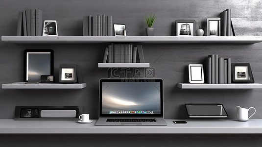 灰色墙架背景的 3D 插图与笔记本电脑手机平板电脑和计算机