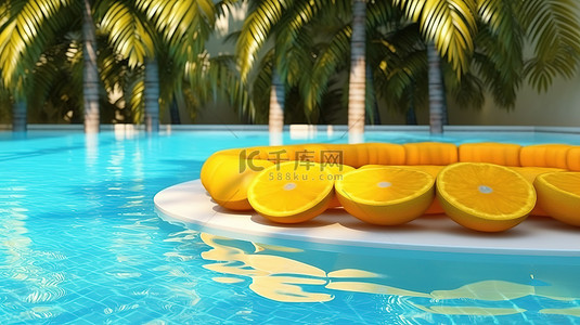 夏季度假后院游泳池，配有日光浴床柠檬水和棕榈树，3D 渲染