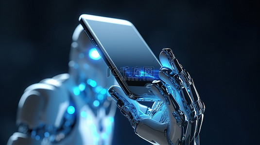 探索手机银行技术3D渲染人工智能机器人手拿着空白屏幕手机