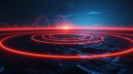 速度与科技背景图片_地平线上的霓虹灯圈 3d 蓝色线框地面与红光轨迹