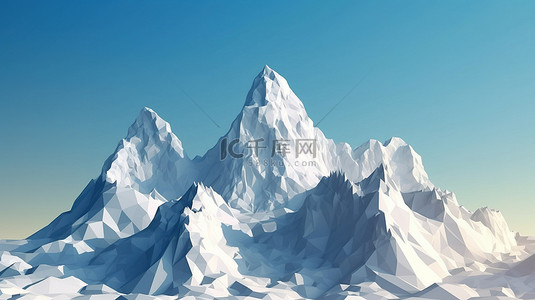 3D 渲染山地景观，采用低多边形设计和原始白色冰川峰