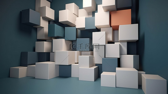 显示在空白墙背景下的 3d 渲染立方体框背景