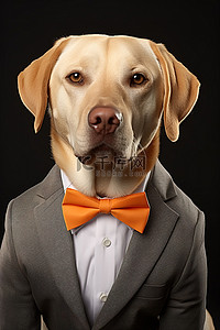 一只穿着西装打着橙色领结的橙色拉布拉多犬