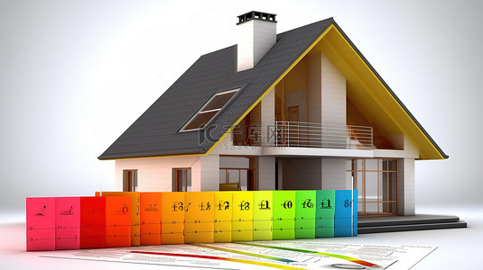 太阳能表背景图片_节能住宅在蓝图之上进行 3D 渲染，并附有能效评级表