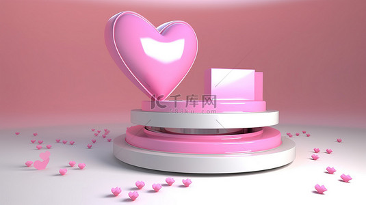 粉色飞船背景图片_粉色宇宙飞船和心形装饰的 3D 渲染讲台