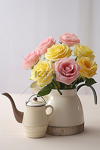 婴儿合影背景图片_黄色和粉红色的玫瑰装在一个带喷壶的罐子里