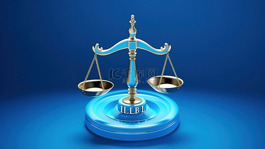 蓝色背景下天秤座正义的 3D 渲染，用于法律内容