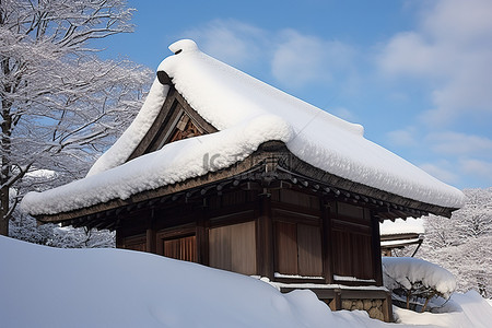 蓝天公园里的一座小房子被雪覆盖