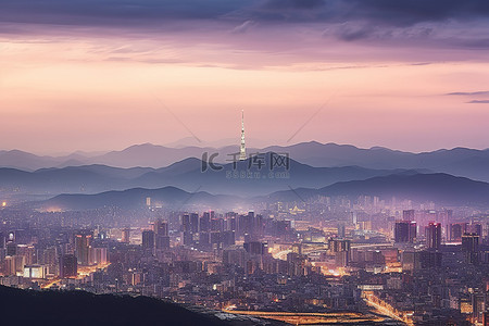 国学达人背景图片_韩国正午的首尔市，背景中有高楼和山脉