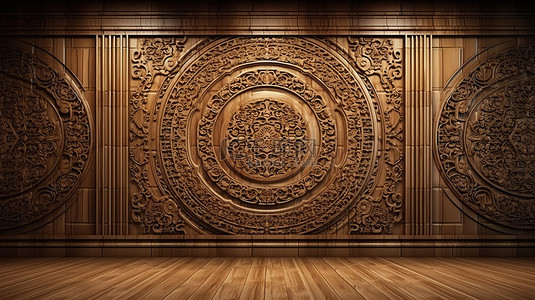 棕色木墙背景与豪华经典东方图案 3D 渲染