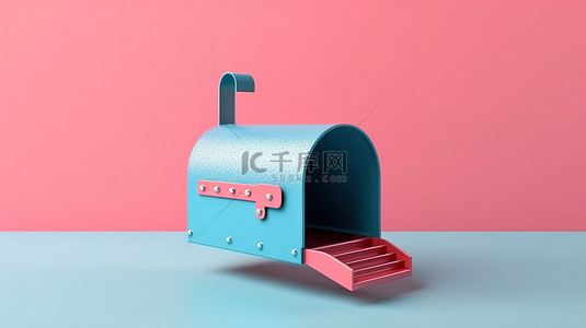 双色调风格的粉色邮箱在蓝色背景 3D 渲染上打开和模拟