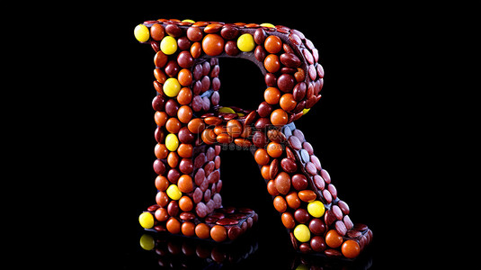 巧克力豆糖中字母 r 的 3d 插图